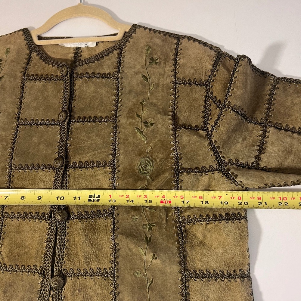 Vintage 90s Cardigan Jacket Womens S Suede Leather Crochet Trim Boho Patchwork - Picture 7 of 8